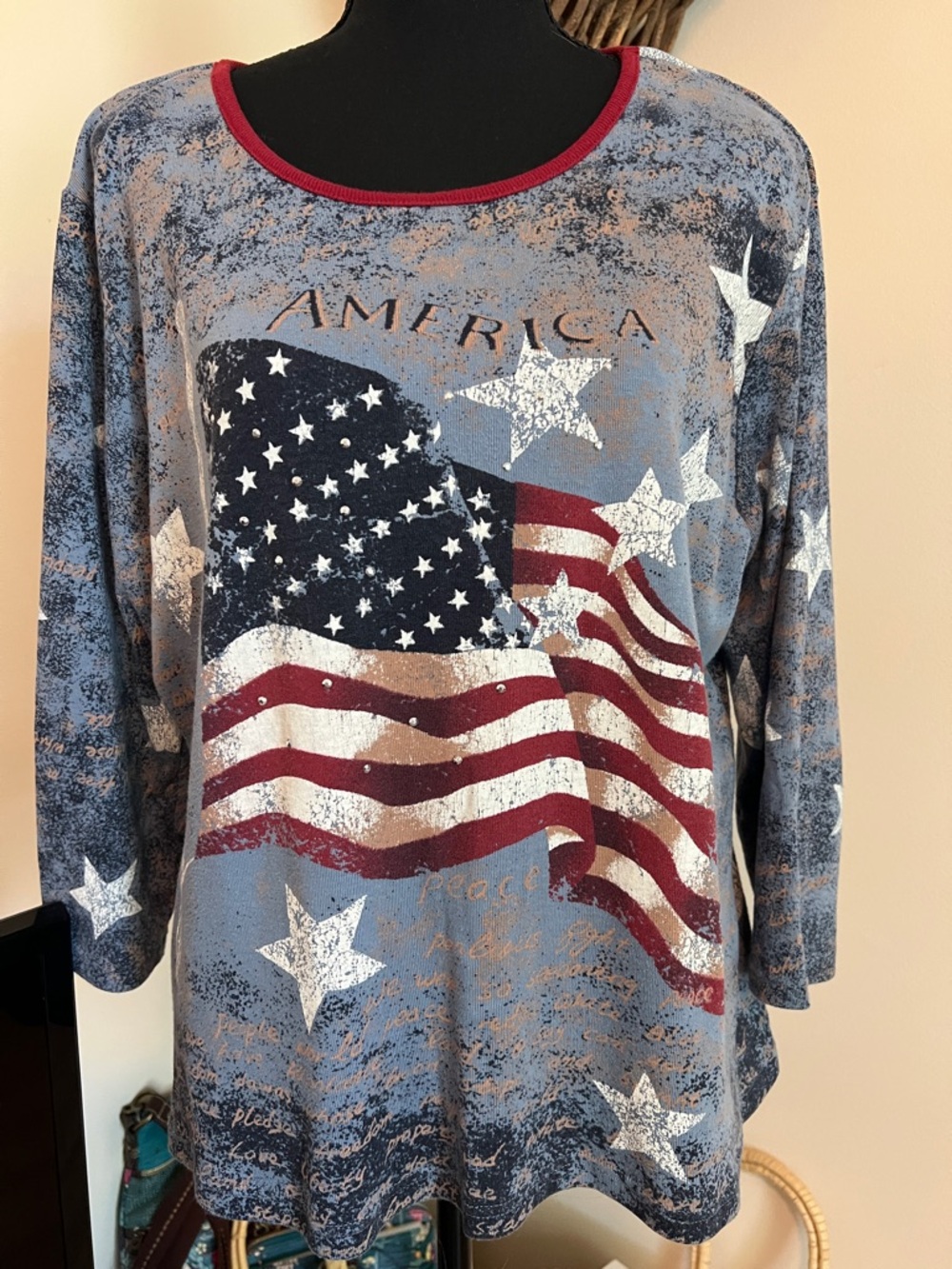 Blue Flag Graphic Long Sleeve Top with Red Trim